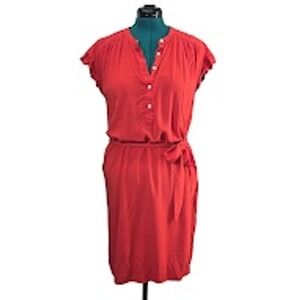 LOFT Red Dress Petite Midi Casual Button Front Tie Waist Size MP‎